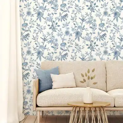 Eleanor Floral Birds Blue Wallpaper